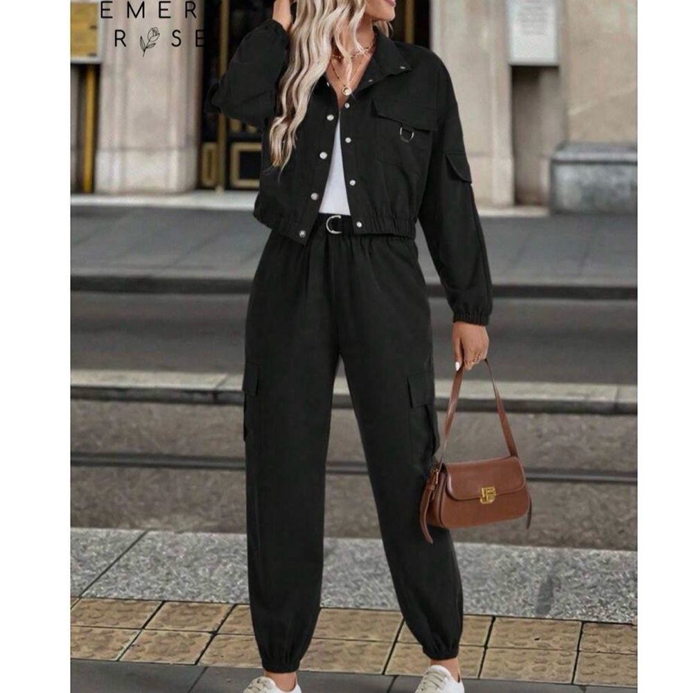 2pcs Women’s Solid Color Casual Long Sleeve Single-Breasted Jacket And Pant Set - Picture 3 of 4